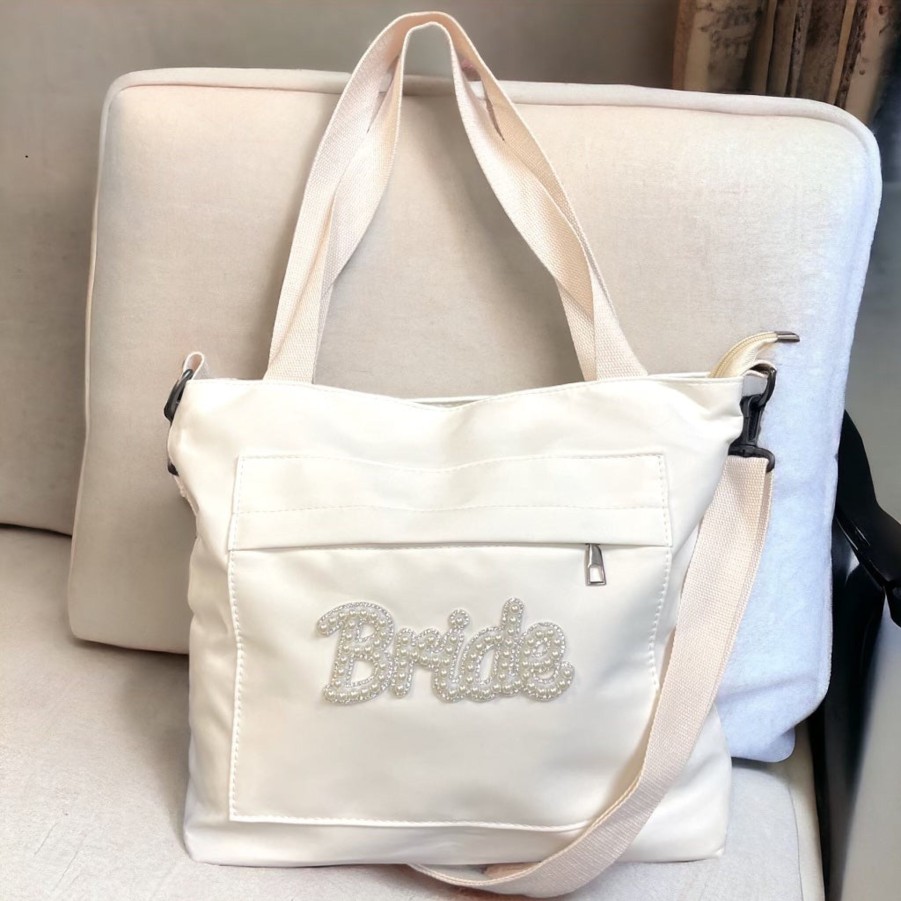 Handbags private label Vegan Totes | Bride Nylon Tote Bag With Pearl & Crystal Letters