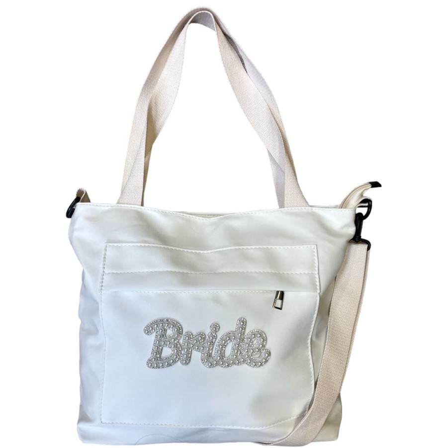 Handbags private label Vegan Totes | Bride Nylon Tote Bag With Pearl & Crystal Letters