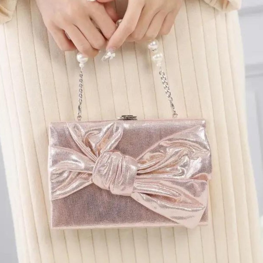 Handbags Peach accessories Shop All Evening | Shimmery Large Bow Clutch Bag