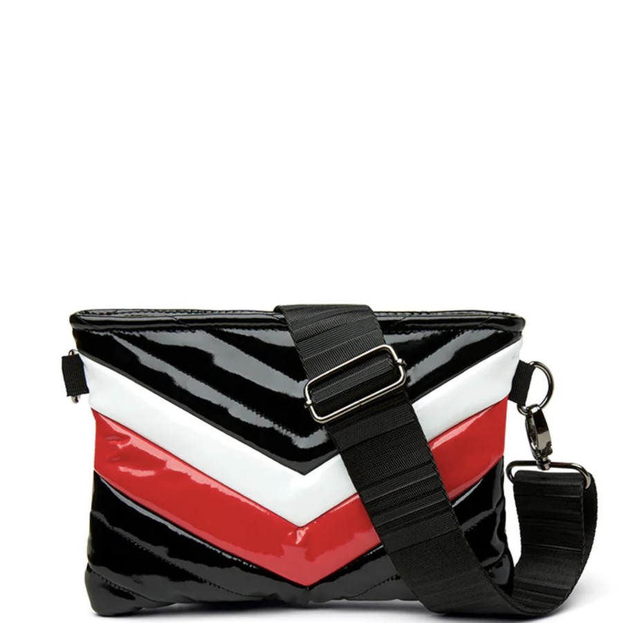 Handbags Think Royln Nylon Crossbodys | Vonn Chevron Crossbody Black Patent With Red & White V Colorblock